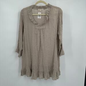 Indigo Soul Womens Pullover Top Size L Taupe‎ Boho Festival Ruffle Neck Textured